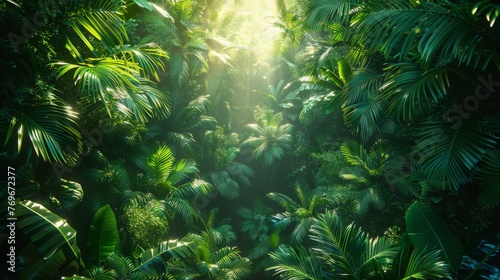A jungle canopy texture, with layers of lush green leaves and dappled sunlight filtering through, conveying the dense and untamed wilderness created with Generative AI Technology © Sentoriak