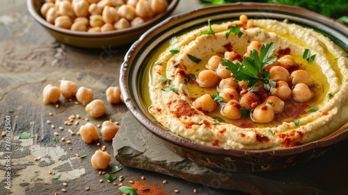 Bowl of hummus garnished with chickpeas  olive oil  and parsley on a rustic table setting.