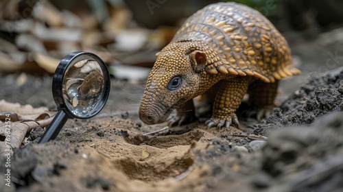 An armadillo detective, using a magnifying glass to scrutinize footprints, embodies investigative prowess safeguarding client interests.