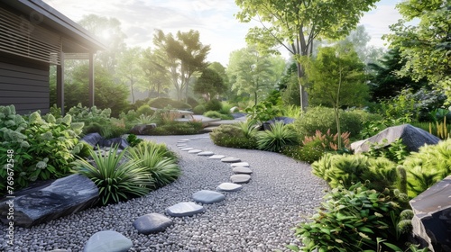 Scenic Garden With Rocks, Plants, and House