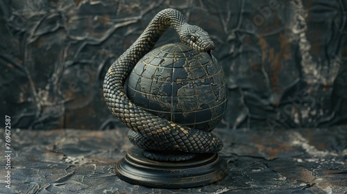 A symbol of worldwide impact and transformative authority in cross-continental commerce: a cobra encircles the globe. photo