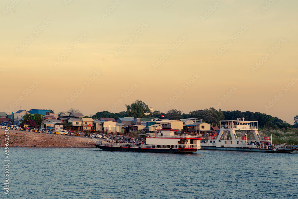 Sunset on Tonle Sap River, Mekong River in Phnom Penh City, Cambodia
