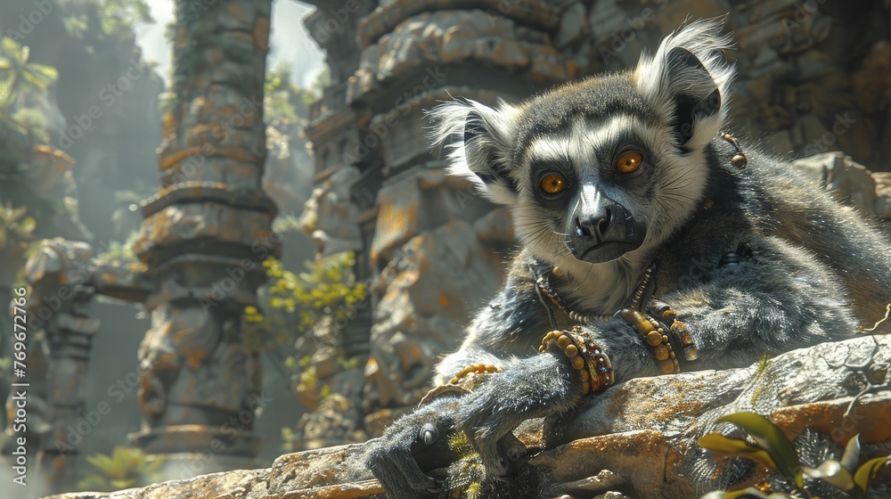 A lemur amidst ancient ruins, uncovering secrets and solving puzzles, symbolizing adventure and the uncovering of hidden truths in gaming and entertainment.
