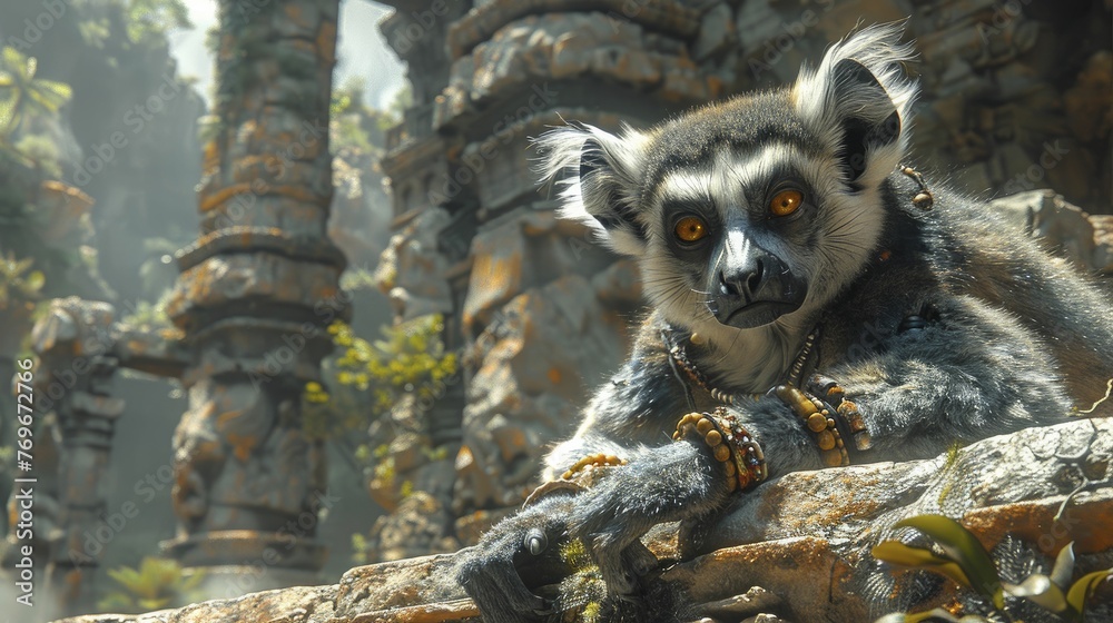 Obraz premium A lemur amidst ancient ruins, uncovering secrets and solving puzzles, symbolizing adventure and the uncovering of hidden truths in gaming and entertainment.