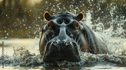 Witness the remarkable sight of a hippo expertly maneuvering through intricate waterways, showcasing efficient aquatic logistics. © Manyapha