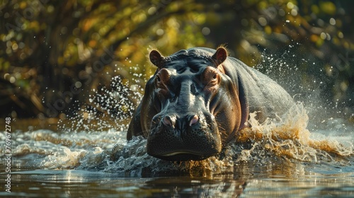 Witness the hippo's elegant journey through intricate river networks, showcasing the prowess of streamlined aquatic transport systems. © Manyapha