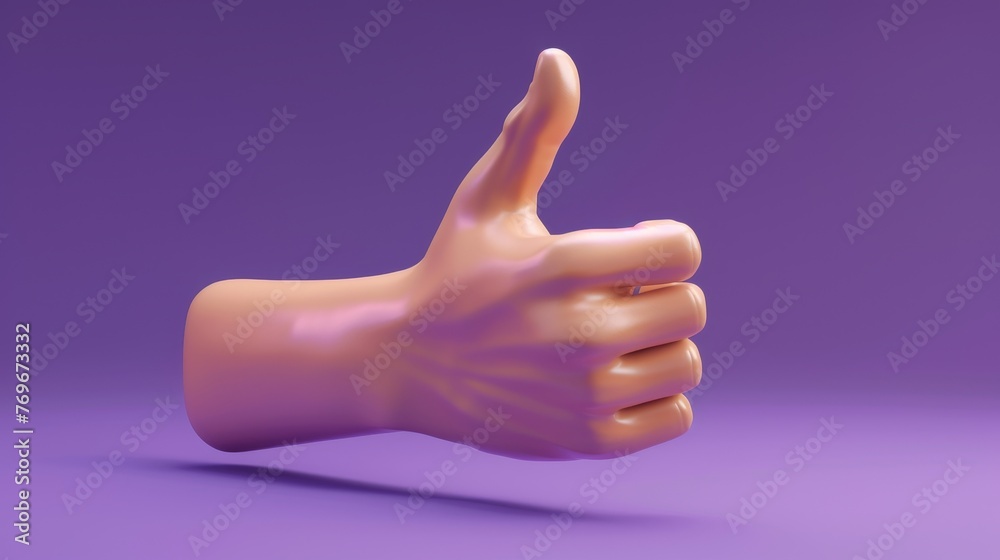 This is a 3D showing an abstract cartoon character with a flexible boneless hand, body part, funny like concept, thumb up gesture, isolated on violet background.