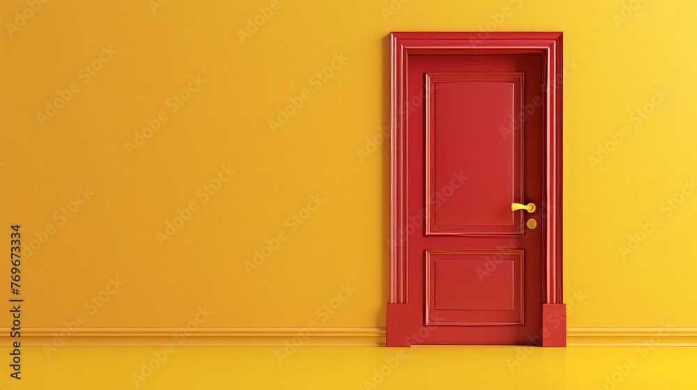 Closed red classic door isolated on bright yellow background. Conceptual design of a modern room. An abstract metaphor in contemporary design. Closed red classic door isolated on bright yellow background. Conceptual design of a modern room. An abstract metaphor in contemporary design.