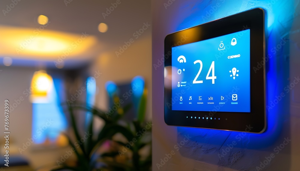 Futuristic user interface for controlling home temperature settings on the wall.