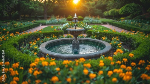 A tranquil garden oasis unfolds with a fountain as its centerpiece, surrounded by a vibrant array of blossoming flowers in full bloom #769673507