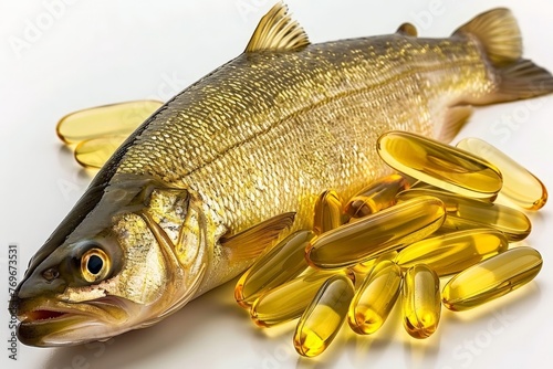 A colorful fish covered in fish oil capsules, symbolizing the benefits of omega-3 supplementation for health and vitality