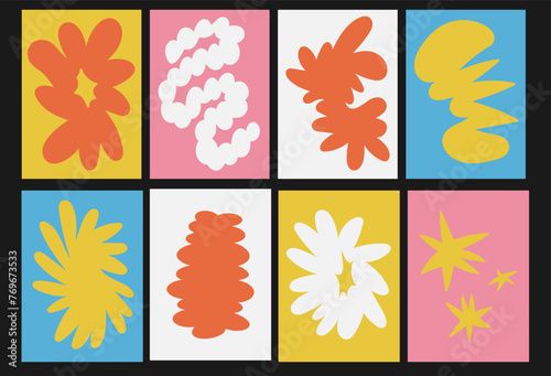 set of abstract vertical poster with funky abstract shape. Minimalistic retro background with strange cloud and form. Funny abstract organic shape