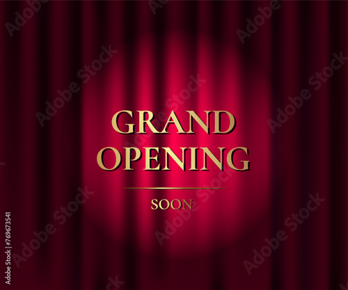 Red curtain with spotlight. Grand openning banner witch golden text. Vector illustration