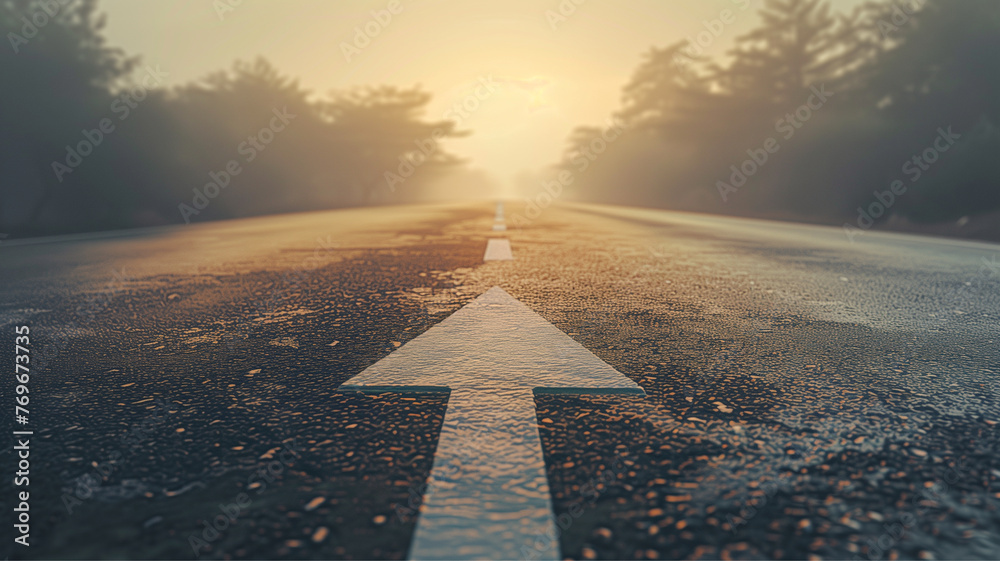 A straight road with an arrow painted on it leading to the horizon, symbolizing goal setting and achievement , business concept, Generative AI - obrazy, fototapety, plakaty 