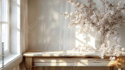 A beautiful vase filled with fresh spring  white flowers sits gracefully on a wooden table near window sill, basking in the soft natural light