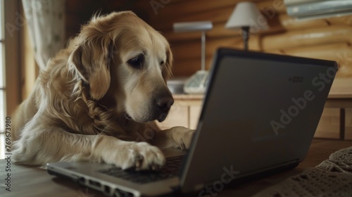 Golden Retriever Dog sitting at a desk in front of a grey laptop. His paws are touching the keyboard as he types.