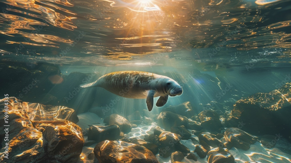 A serene manatee gracefully navigates the pristine waters below a spa, embodying tranquility and wellness. - obrazy, fototapety, plakaty 