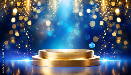 Empty podium golden on blue background with light neon effects with bokeh decorations. Luxur. Generative AI.