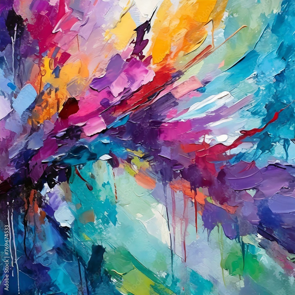 a captivating abstract painting featuring vibrant hues of purple and blue applied with thick, expressive paint strokes. Explore contrasting textures and color interactions to evoke a sense of drama an