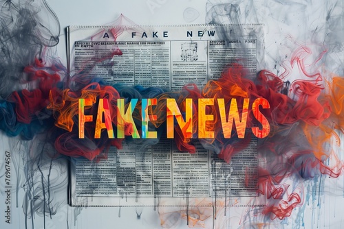 A sign labeled fake news emits billowing smoke, symbolizing the spreading of misleading and false information photo
