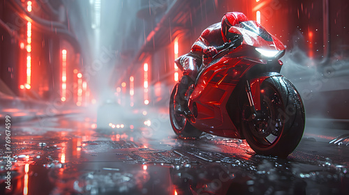 A sleek red sportbike stands in a neon-lit, rain-soaked city street at night, embodying speed and modernity © kaitong1006