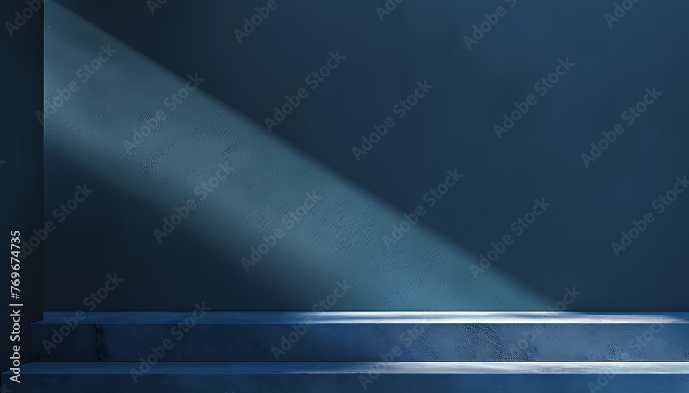 Blue podium with spotlight on dark blue background. 3D rendering of empty product showcase platform Blue podium with spotlight on dark blue background. 3D rendering of empty product showcase platform