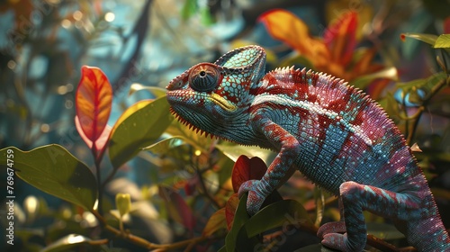 A chameleon adeptly adapts its hues in a lush jungle, seamlessly merging with vibrant foliage to thrive in the cutthroat jungle.