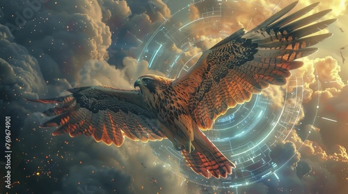 Falcon with its wings spread wide, soaring above a technological utopia, symbolizing vision, ambition, and the aspiration towards a better future in tech innovations.