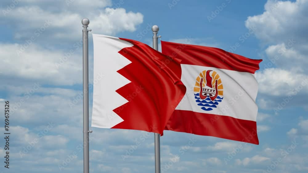 French Polynesia and Bahrain two flags waving together, looped video, two country relations concept French Polynesia and Bahrain two flags waving together, looped video, two country relations concept