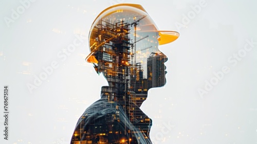 Wallpaper Mural A male engineer stands in front of the city at sunset. Silhouette illustration of a construction worker inspecting a construction building on a white background. Torontodigital.ca