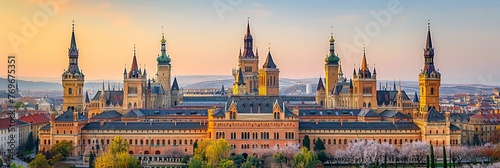 A grand building stands tall, adorned with towers and spires reaching toward the sky, creating a stunning and imposing presence