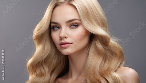 Model girl with shiny blond smooth healthy hair with long straight and glowing, skin natural beauty smooth skin for Care and hair products 
