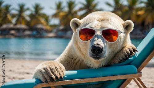 Polar bear in sunglasses in a sun lounger resting on a tropical beach.