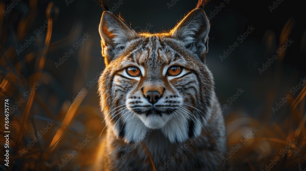 Fototapeta premium Lynx with eyes illuminated in the dark, illustrating the ability to discover hidden truths and insights in data analytics services.