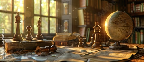 The warmth of knowledge and strategy encapsulated in a scene with a globe, chess pieces, and aged papers under soft lighting , 3D illustration