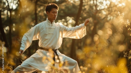 Asian senior man practicing tai chi in park photo