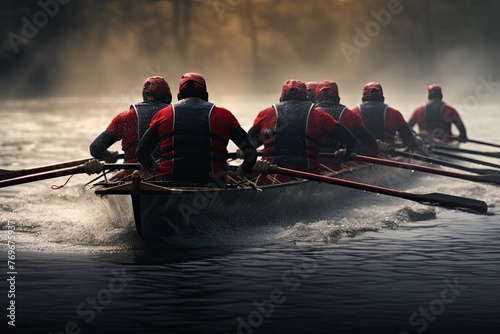 rowers on rowing boats with their backs