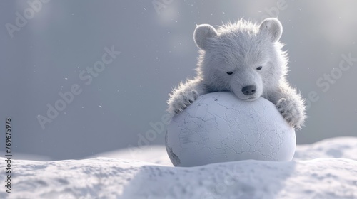 Bear cub emerging from egg amid winter snow, minimalist design , 3D illustration