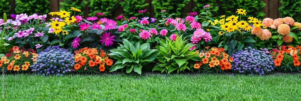 Obraz premium A vibrant garden bursting with a kaleidoscope of colorful flowers in full bloom, creating a spectacular display of natures beauty