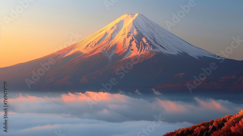 Photo of Fuji Mountain. Snowing & clear sky. Mountain. AI Generated photo