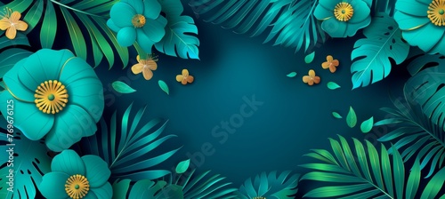3d white and green floral tropical leaves geometric tiles wall texture background