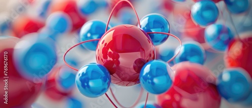 Electrons orbiting a nucleus of red and blue spheres, depicting the fundamental structure of matter , 3D illustration