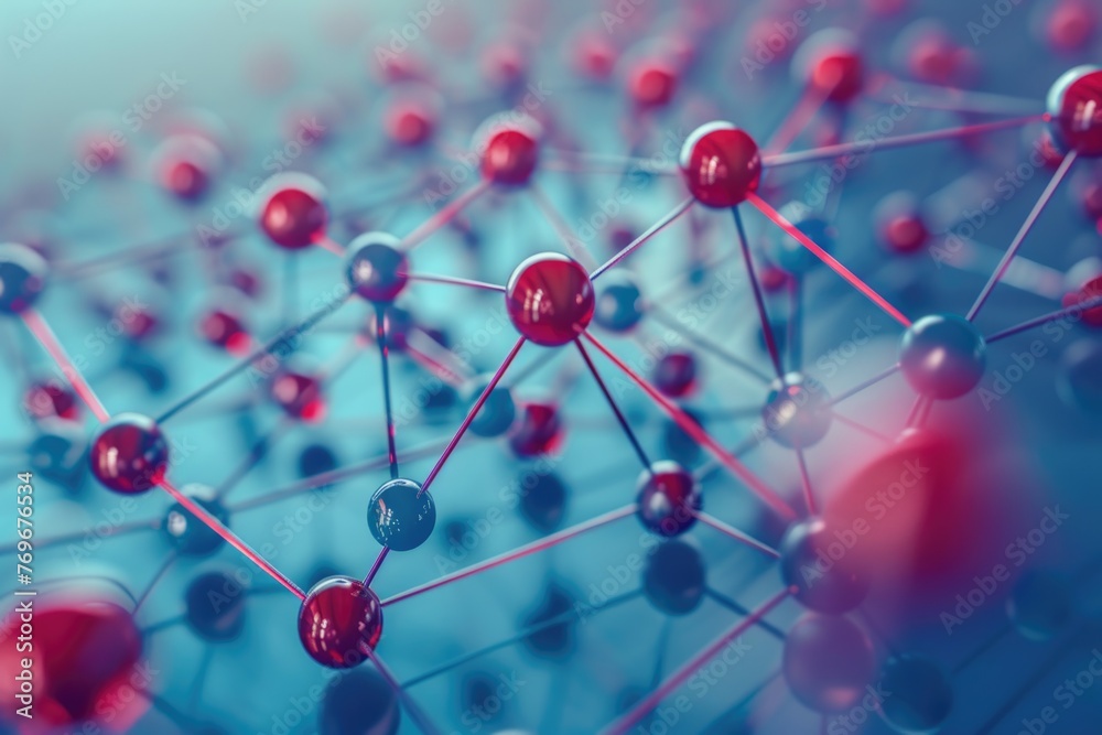 Red and blue atoms in a lattice structure, vibrating with energy and ...