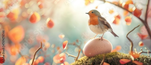 Robin chick emerging from egg amid autumn, minimalist design , 3D illustration