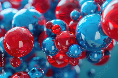 Red and blue spheres representing atoms  dynamically intertwining in a dance of molecular synergy   3D illustration