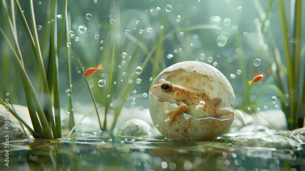 Tadpole emerging from egg amid summer pond, minimalist design , 3D illustration - obrazy, fototapety, plakaty 