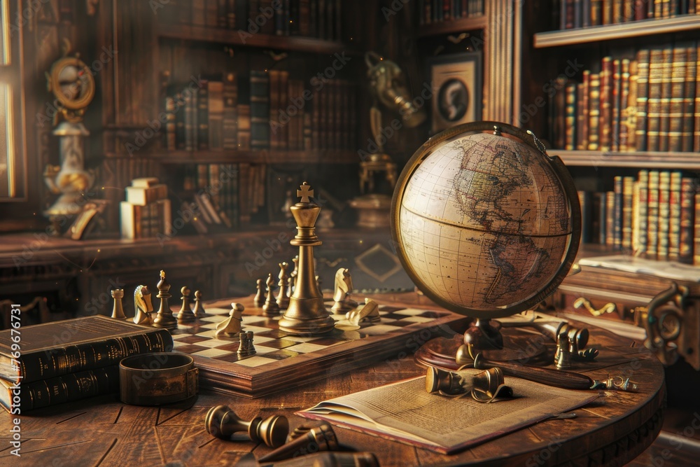 A timeworn desk scene, where a globe takes center stage among chess pieces and ancient texts, in a pool of warm light , 3D illustration - obrazy, fototapety, plakaty 