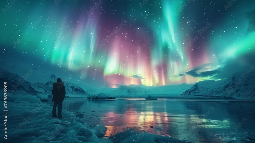 Aurora Borealis Over a Glacier: A mesmerizing display of the Northern Lights dancing over a glacier, creating an ethereal and otherworldly atmosphere. - obrazy, fototapety, plakaty 
