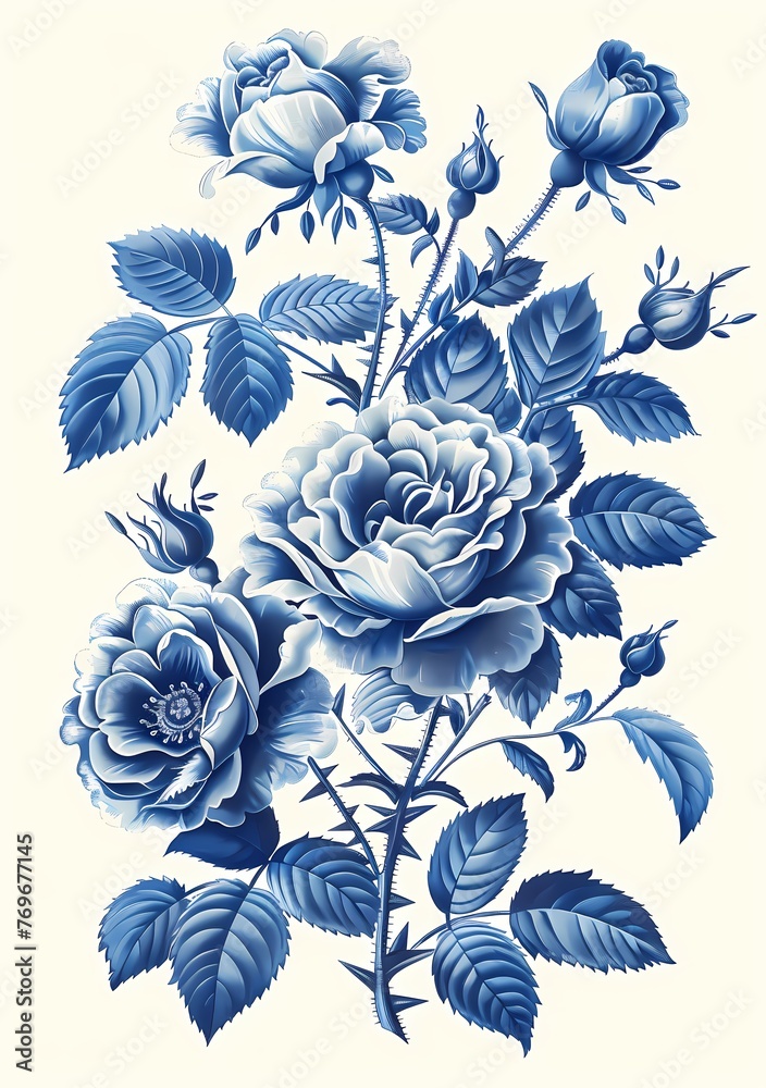 blue roses sketch branch, for invitation, greeting card background ...