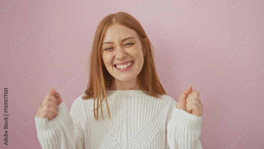 Ecstatic redhead woman in sweater, eyes closed, arms up in champion stance, reveling in glorious victory on a pink isolated cutout Ecstatic redhead woman in sweater, eyes closed, arms up in champion stance, reveling in glorious victory on a pink isolated cutout